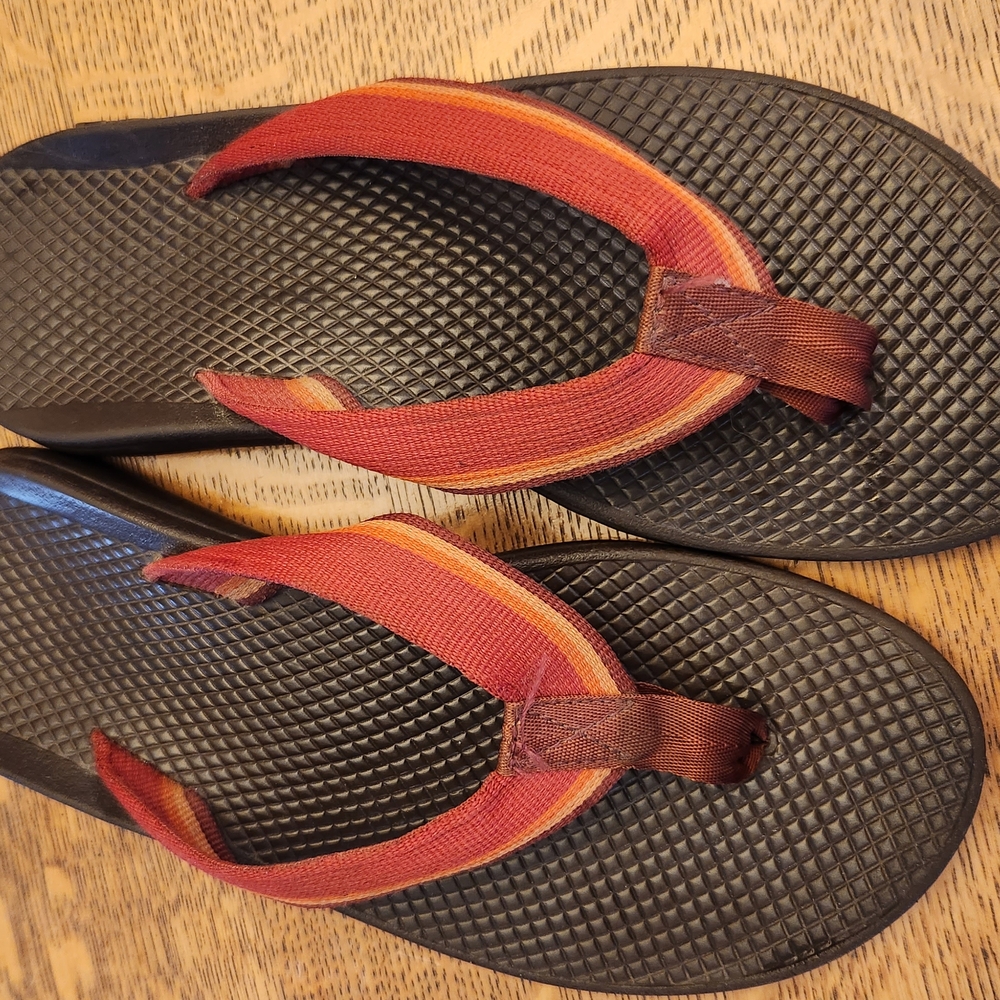Brown and Red Flip Flops